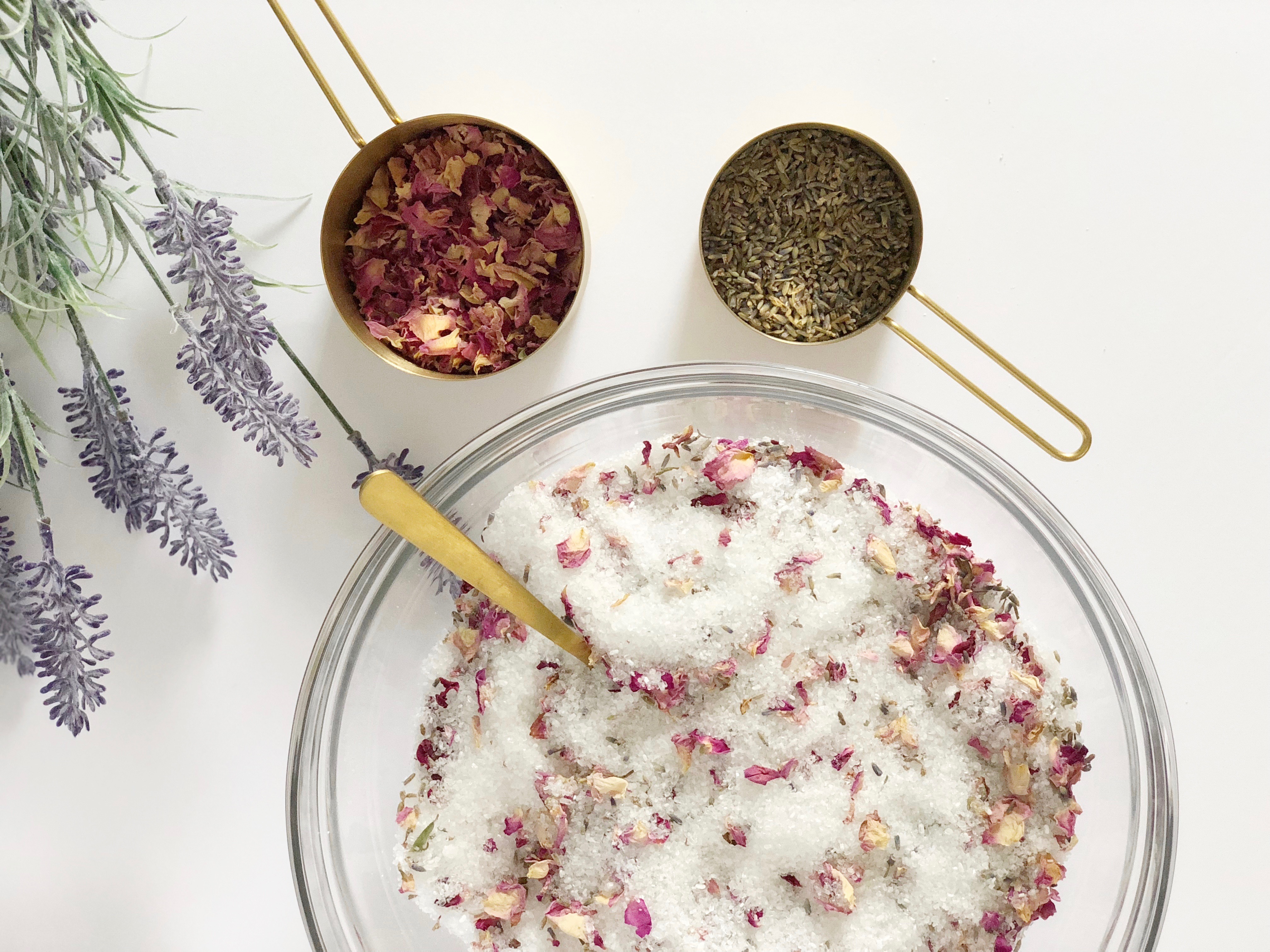DIY soothing bath salts | epsom salts + essential oils + dried lavender and rose petals | easy self care treat yo self | fun natural DIY